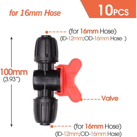 (Vanne 16 mm - 1/2'') 10 raccords de tuyau PE 16 mm à verrouillage, 4/6 voies, pour tuyau d'arrosage, té et séparateur d'eau (1/5)