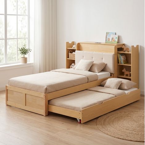 Letto estraibile 90/180×200 cm in legno naturale con testiera imbottita e libreria (1/5)