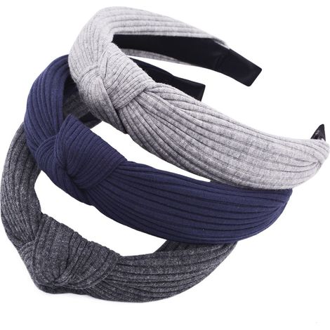 Lot de 3 serre-têtes à rayures larges en tissu pour femmes, avec nœud croisé, accessoires pour cheveux (gris, bleu, gris foncé) (1/3)