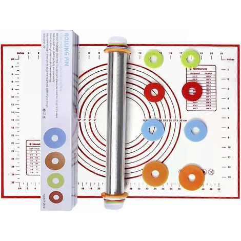 Rouleau à pâtisserie réglable, tapis de pétrissage, laminoir à pâte en acier inoxydable, outil pour pâte à fondant et gâteaux, laminoir à pâte avec 4 anneaux amovibles pour pizza (1/4)