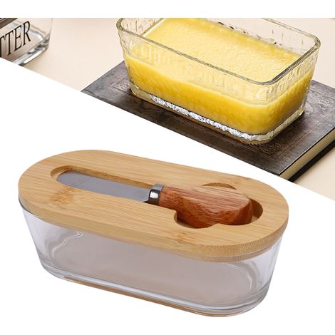 Beurrier en verre avec couvercle hermétique pour une fraîcheur optimale, 300 ml, rectangulaire, idéal pour décorer votre plan de travail. Bois véritable. (1/4)