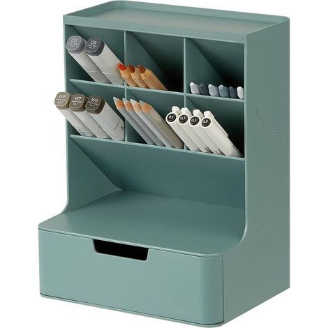 Organisateur de Bureau – 6 Compartiments Verticaux, Tiroir Complet – Porte-stylos Gain de Place, Rangement de Fournitures – Pour Bureau, École, Maquillage (Fabriqué en Corée, Vert)