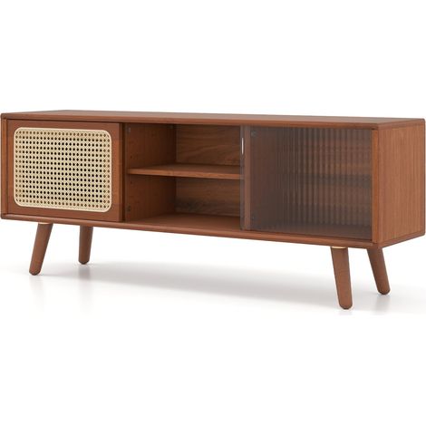 TV-Ständer aus Bambus mit Rattan- und Glastüren, verstellbare Regalböden (1/5)