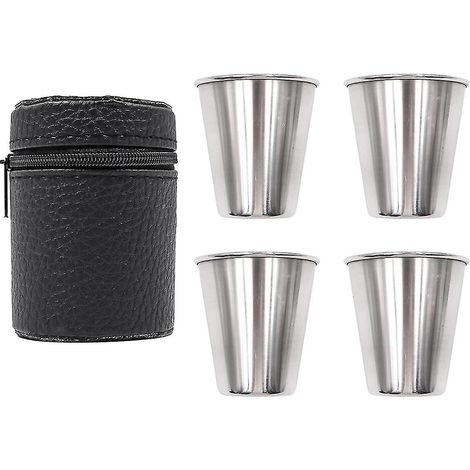 Ensemble de 4 verres à liqueur portables en acier inoxydable de 70 ml avec étui de transport en cuir - q36 (1/5)