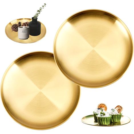 Lot de 2 plateaux ronds en acier inoxydable doré - 20 cm - Assiettes décoratives dorées - Plateau de service - Assiettes rondes - Assiettes plates - Assiettes à bougie pour cuisine (1/5)