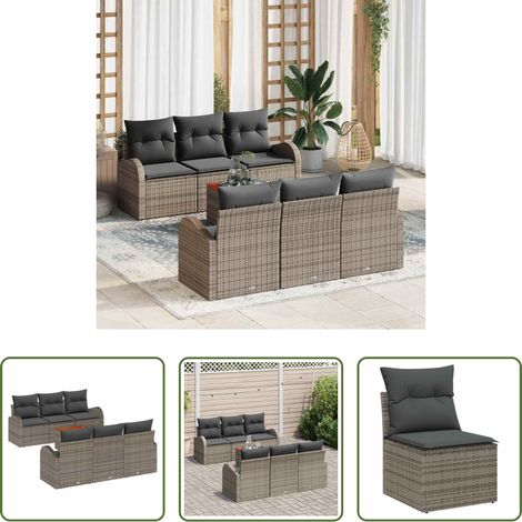 Gartentisch -  Gartensofa-set mit Kissen 7 pcs Grau Poly-Rattan (1/5)