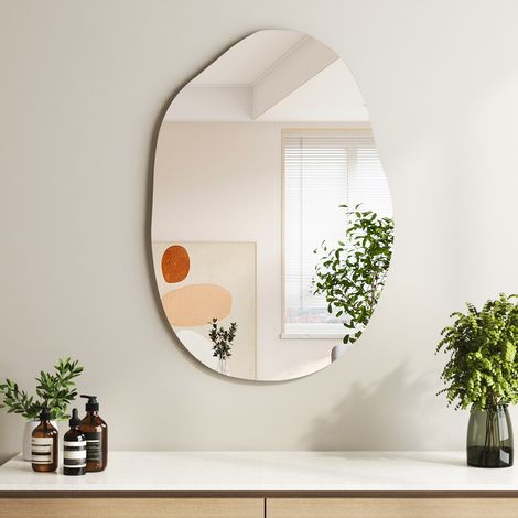 WDWRITTI Asymmetrischer Spiegel 55x80 cm Badspiegel Asymmetrisch Wandspiegel Dekorative Spiegel für Badezimmer Wohnzimmer Schlafzimmer Gäste WC