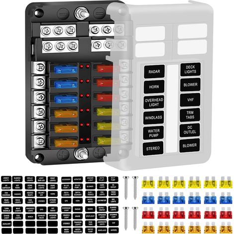 12 Way Fuse Box Fuse Holder Block Blade with Bus Negative Boat with LED Indicator Waterproof Protective Cover for Boat Truck Car RV (1/5)