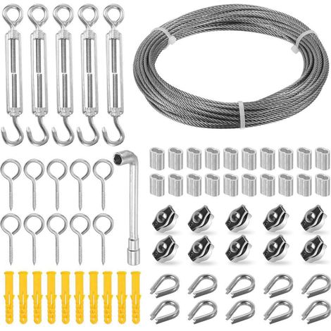 Corde en Acier Inoxydable à Suspendre Kit, 15M/3mm Cable Filin Acier Inoxydable 304 avec M5 Tendeur Cable Inox, pour Plantes Grimpante, Corde a linge, Garde Corps, Suspension Exterieur
