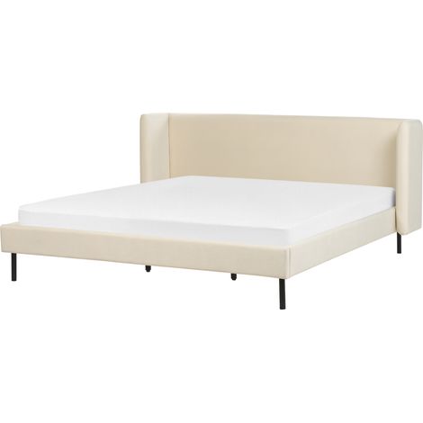 Cama con somier de terciopelo beige claro 180 x 200 cm cabecero patas negras Arette