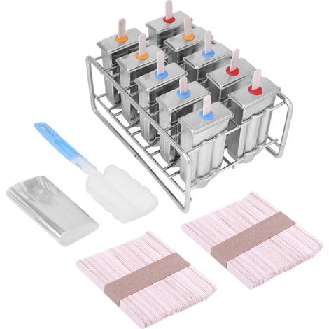 10 Moules à Glace en Acier Inoxydable, Moule à Esquimau, Lot de 100 Bâtonnets pour Popsicle, Support Tête Ronde (1/5)