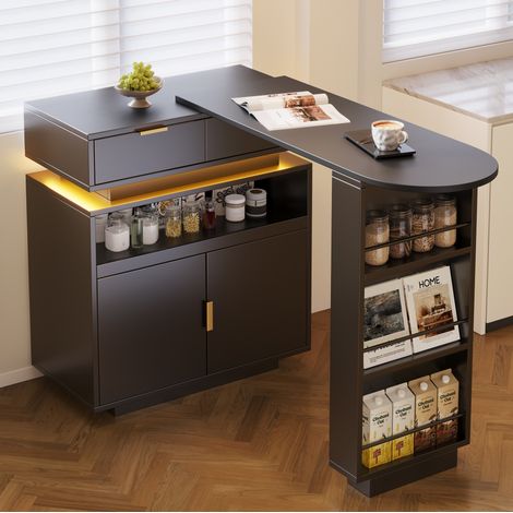 Tavolo bar 115-183x40x99.5 cm nero in MDF con piano girevole allungabile, vano contenitore e LED (1/5)