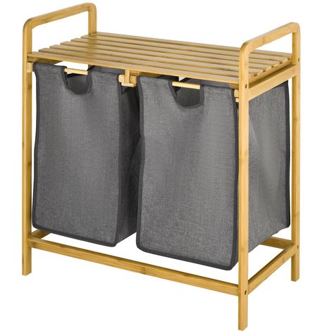 Panier à linge Bambou 2 sacs amovibles étagère salle de bain 63,5x33x73 cm Naturel Gris