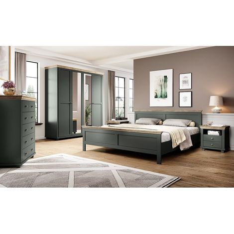 Schlafzimmer ASSIA: Schrank 200cm, Bett 160x200, Kommode, Nachttische. Farbe Khaki und Eiche.