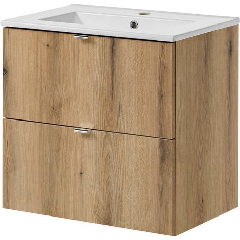 Mobiletto Sottolavabo NEWPORT a 2 Cassetti con Lavabo 60x57x39 cm - Effetto Rovere [en.casa]