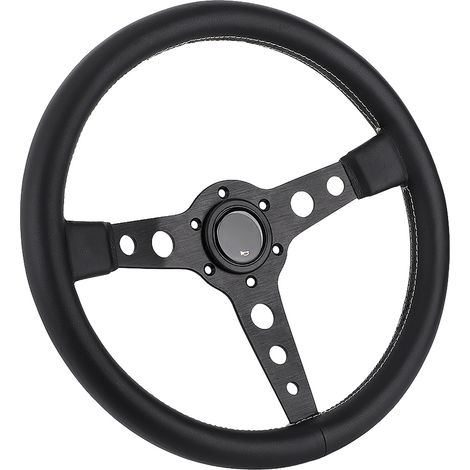 Volant de Course MOMO Prototipo 350mm/14in, Cuir Noir, Coutures Grises, 6 Trous, avec Bouton Klaxon (1/5)
