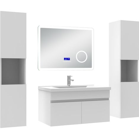 Ocean Ensemble meuble 80 cm blanc, lavabo céramique + 2 colonnes hautes + Miroir salle de bain Bluetooth avec 3 couleurs dimmable, suspendu