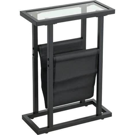 Table d'appoint étroite, bout de canapé en métal avec porte-revues et plateau en verre trempé, 40 x 18 x 55,5 cm, noir (1/5)