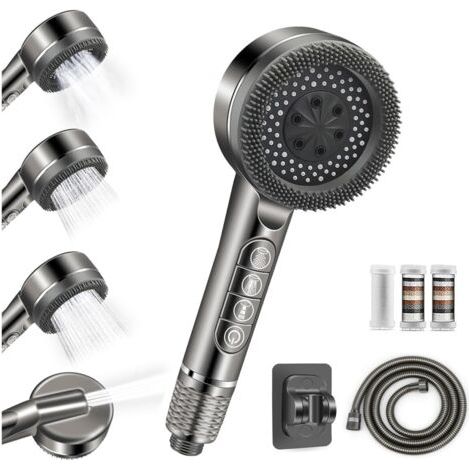 Pommeau deouche Haute Pression, Pommeau Douche Economie Deau 4 Types de Jets Pommeau de Douche Anti Calcaire avec Tuyau Douche 1.5M et Support de Douche, avec Bouton D'arrêt D'eau,Gris (1/4)