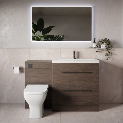 Napoli 390 Brown Oak 1300mm 2 Drawer Vanity Unit Toilet Suite with Glide Basin - 1300mm - Gunmetal Grey 480mm HandleWith Kingston Toilet Pan and Seat