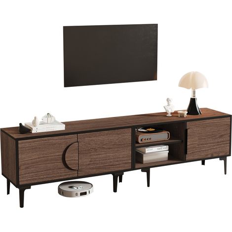 Meuble TV - Basse 2 Portes-Etagères Ouvertes - Noyer Foncé - Téléviseur 80 Pouces - 180x35x49cm (1/5)