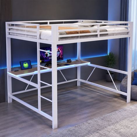 160x200 Metall-Hochbett mit Schreibtisch, LED, USB-Ladestation, Weiß OKMYHOME (1/5)