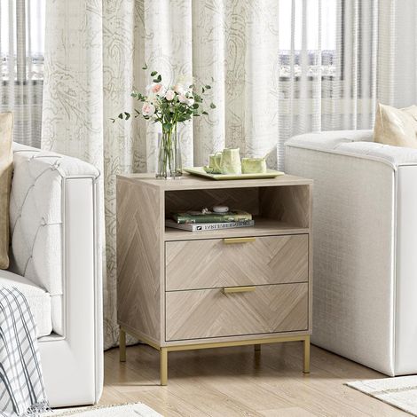Bedside Table with 2 Drawers Open Compartment Chevron Bedside Table with Metal Legs, Side Tables for Living Room, Bedroom 50 x 40 x 60 cm (1/5)