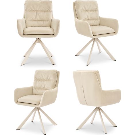 Bon Furni Terciopelo Silla de comedor Blanco Marfil, Set de 4, giratoria 360°, con respaldo segmentado, reposabrazos y patas blancas a juego