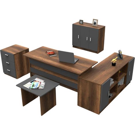 Set da Ufficio Nari, Modulabile, 2 Ripiani, 3 Cassetti, Marrone Noce