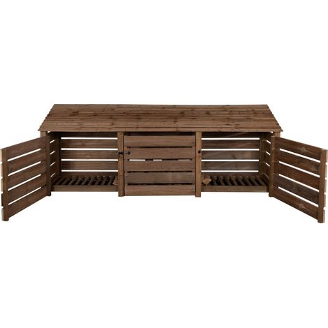 Slatted wooden log store with door W-335cm, H-126cm, D-88cm - brown finish