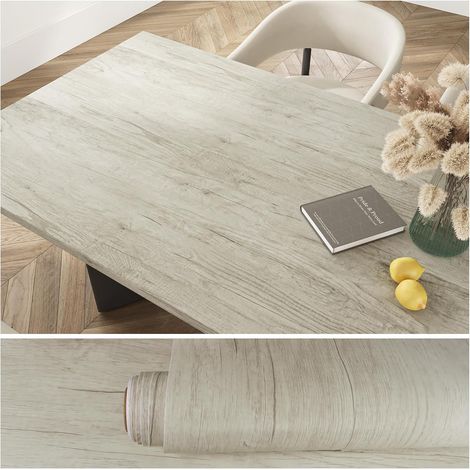 Papier Peint Imitation Bois Blanc Gris Vintage Papier Adhesif pour Meuble Bois Beige Revetement Mural Chambre Armoire Stickers Porte Placard Salle de Bain Décoration Cuisine Lavable 40cm×300cm (1/5)