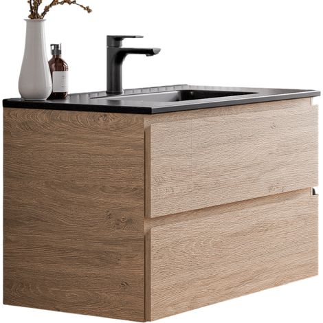 BERNSTEIN - Mobile lavabo sospeso MDF rovere miele, lavelli nero opaco + foro troppo pieno e piletta - 80x46x50cm - AVA	Nero opaco, Rovere Miele Oro