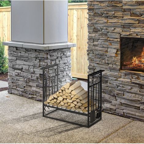 Portalegna in acciaio nero con 4 utensili da camino 75 x 30 x 60 cm OKWISH (1/5)