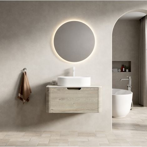 Mobile lavabo sospeso in pietra sinterizzata e ceramica beige/bianco da 80 cm con cassetto soft-close (1/5)