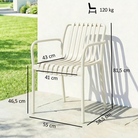 Ensemble de 4 chaises de jardin empilables avec accoudoirs à lattes, ergonomiques, blanc crème (1/5)