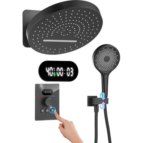 Set Doccia da Incasso Colonna Doccia Termostatica con Display Digitale, Sistema Doccia a Cascata e Pioggia con Testa Doccia Tondo 32cm, Doccetta 3 Funzioni, Ottone (Nero) (1/5)