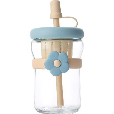Bouteille en verre avec couvercle, conception étanche, grande capacité, livrée avec une paille. (1/5)