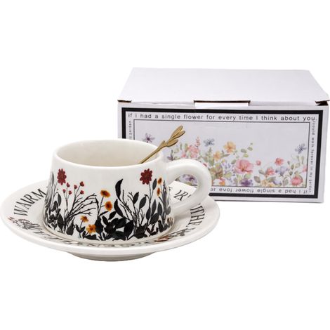 Taza Jumbo de 300 ml con platillo Black Flowers + cuchara dorada (1/4)