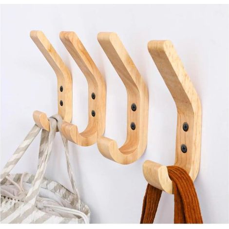 4 crochets muraux en bois massif chêne, finition polie à la main, charge max 10 kg, design rétro épuré, idéal cuisine et entrée (1/4)
