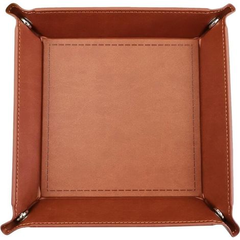 PU Leather Tray, Multifunctional Storage Tray for Keys, Wallet, Jewelry and Accessories, Water Resistant and Scratch Resistant, Elegant Design, Brown Color (18x18 cm) (1/5)