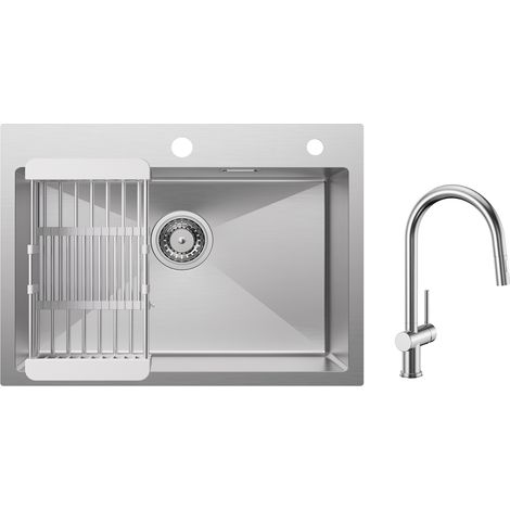Cecipa Lavello da cucina 1 vasca 60×45×18 cm Lavello da cucina in acciaio inox 304 spazzolato con cestello di scarico + Miscelatore da Cucina con Doccetta Estraibile Spazzolata (1/5)