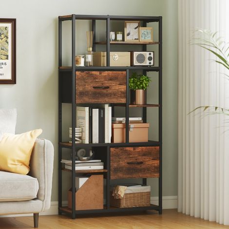 Étagère de rangement,2 tiroirs en tissu,9 compartiments ouverts,étagère indépendante avec cadre en acier,marron + noir