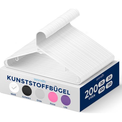SereneLife Kleiderbügel Kunststoff 200er Set, rutschfest, Weiß (1/5)