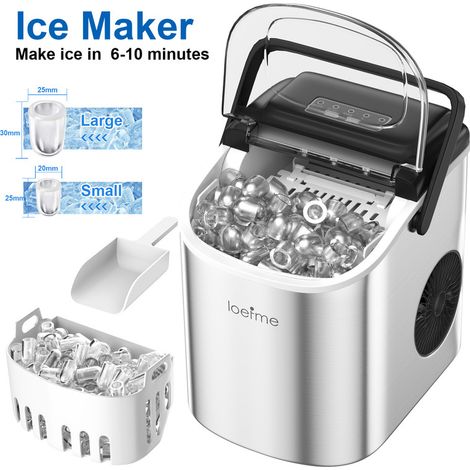 Machine à glaçons 12 kg / 24 h 6-13 minutes 9psc de production 2 tailles de glaçons Réservoir d'eau de 1,2 L Silencieuse Acier inoxydable métallique Avec poignée LOEFME Argent