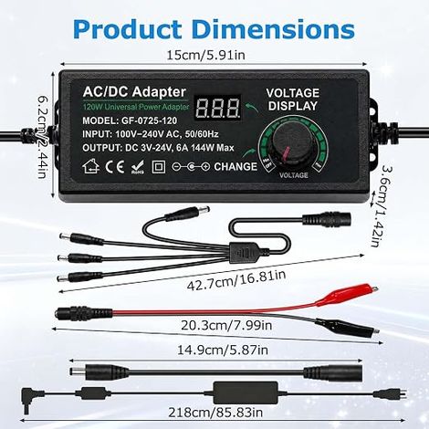 Alimentation Réglable, Adaptateur Secteur Universel 3V-24V 6A 144W, Adaptateur AC DC 100V-240V avec Affichage LED, Embouts Max Électronique Domestique (1/4)