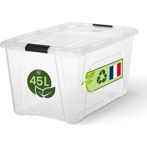 Boite Rangement Plastique avec Couvercle, 45L, Transparent, Clips de Fermeture, Poignée, Empilable, Organisation Solide et Durable, pour Chambre, Dressing, Bureau, BSB-45 (1/5)