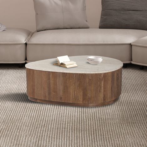 Table d'appoint 100x70x45 cm en manguier et travertin - CHAU (1/5)