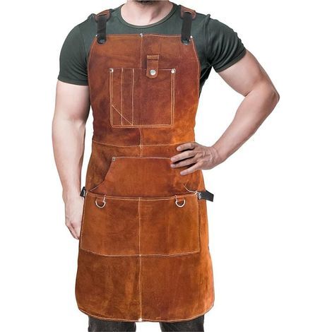 Delantal de soldador profesional de cuero para hombre con 6 bolsillos. Delantal de soldadura duradero y resistente al fuego para herreros. (1/4)