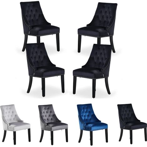 Juego de 4 sillas de comedor de terciopelo Windsor con patas de madera - Silla de comedor con respaldo de anillo - Silla tapizada - Silla de comedor moderna - Cocina, Sala de estar - Negro