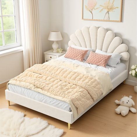 Lit 140x190 cm,Lit Capitonné,Tête de Lit en Velours,Lit Double avec Sommier à Lattes,Cadre de Lit,forme de pétales,pieds dorés,Beige